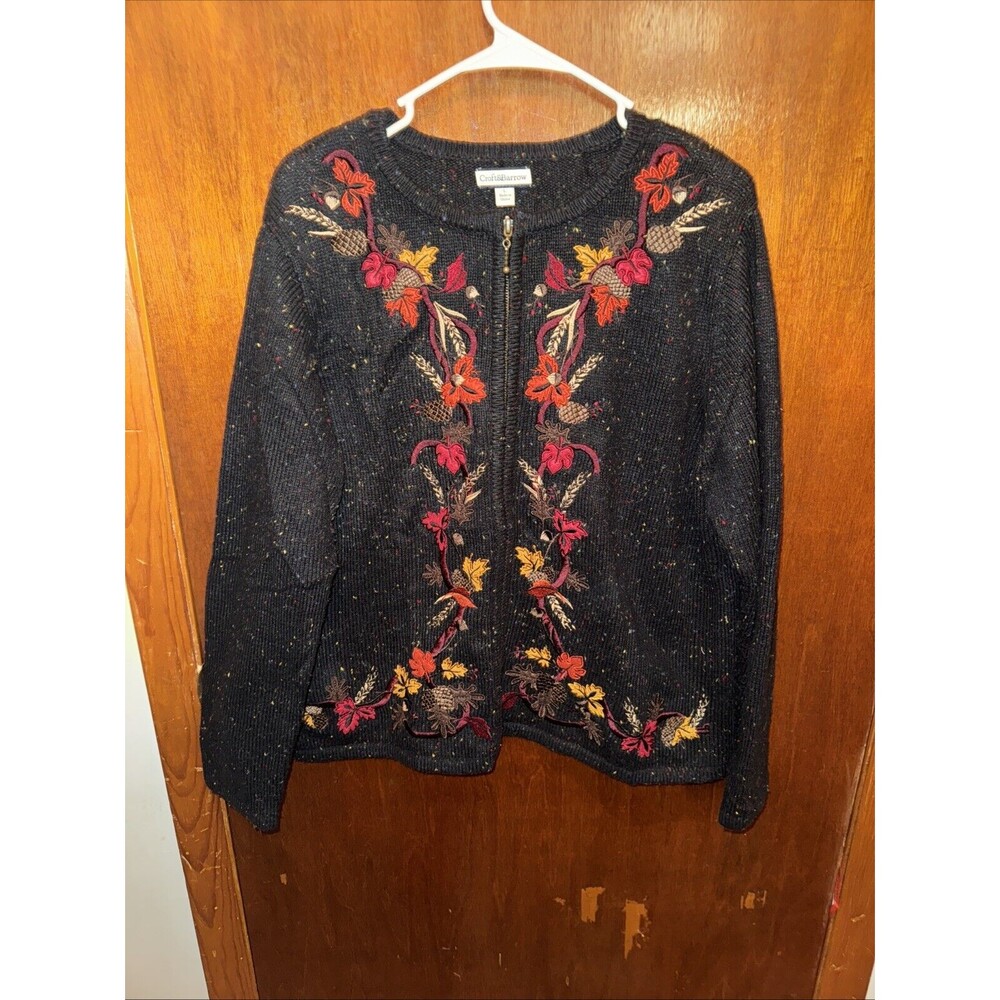 Croft & Barrow Womens Black Autumn Pinecones Zip Up Cardigan Size Large